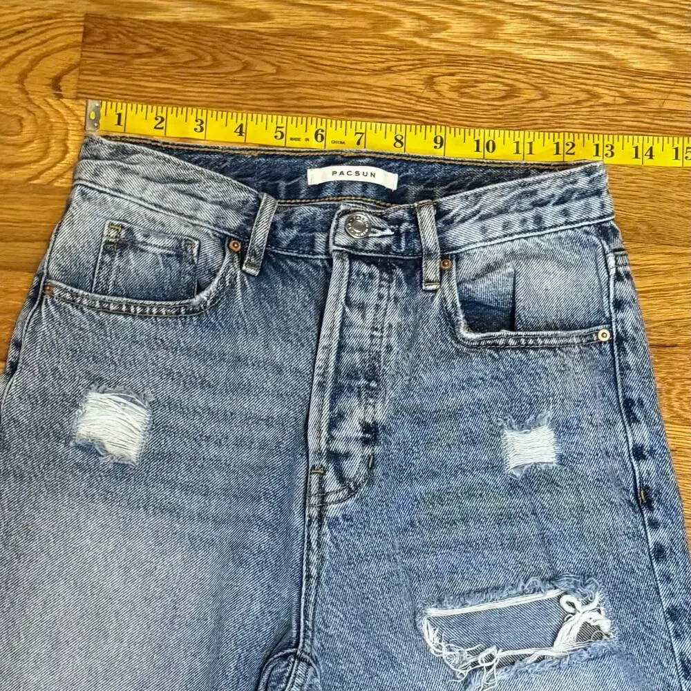 PacSun Women’s Blue Distressed Holes Straight Leg Jeans Retro Grunge Casual